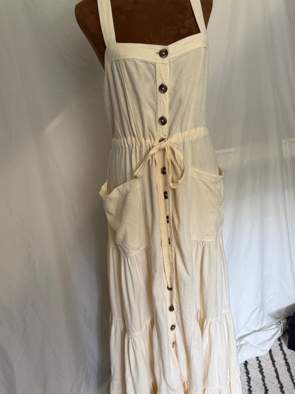 Free People Catch the Breeze Button Front Linen Midi Dress Ivory Cream Size Med - Picture 11 of 11